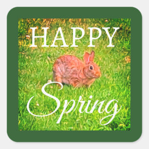 Cute Wild Rabbit Photo Dark Green Happy Spring Square Sticker