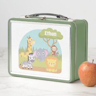Cute Wild Safari Animals Kids Personalised Metal Lunch Box