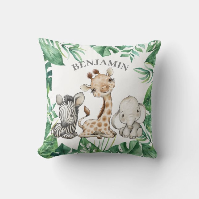 Cute Wild Safari Jungle Animals Greenery Cushion (Front)