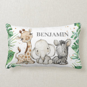 Cute Wild Safari Jungle Animals Greenery Lumbar Cushion