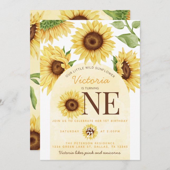 Cute Wild Sunflower turning ONE 1st Birthday Party Invitation (Front/Back)