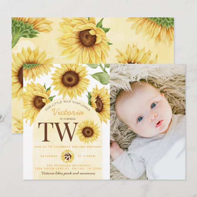 Cute Wild Sunflower turning TWO 2nd Birthday Party Invitation (Front/Back)