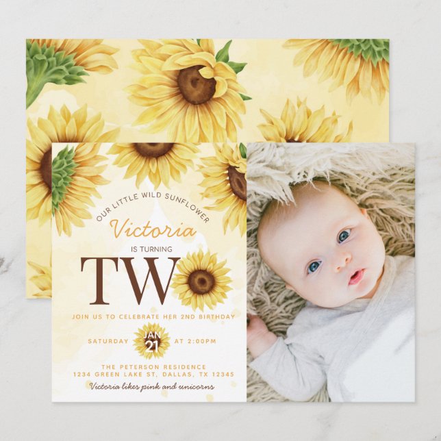 Cute Wild Sunflower turning TWO 2nd Birthday Party Invitation (Front/Back)