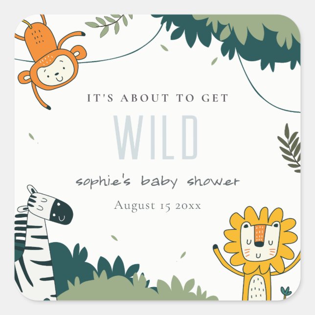 Cute Wild Tropical Jungle Animals Baby Shower Square Sticker (Front)