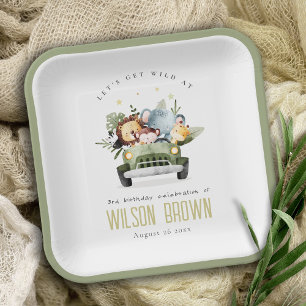 Cute Wild Tropical Jungle Animals in Car Birthday Paper Plate