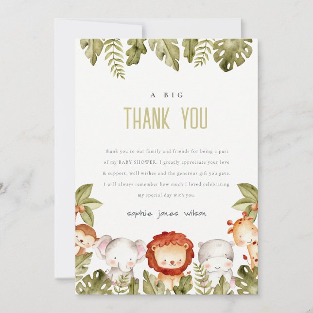 Cute Wild Tropical Safari Animals Baby Shower Thank You Card (Front)