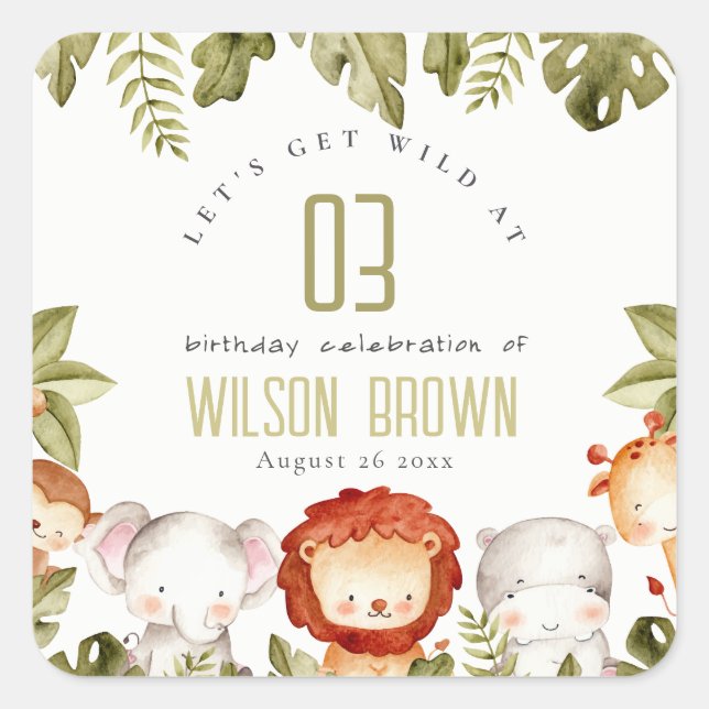 Cute Wild Tropical Safari Animals Kids Birthday Square Sticker (Front)