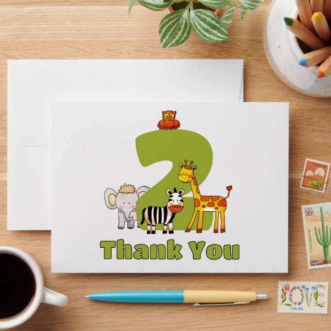 Cute Wild Two Animals 2nd Birthday Thank You Envelope (Desk)
