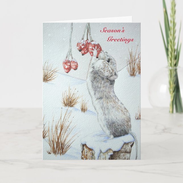 Cute wild wood mouse eating berries snow scene holiday card (Front)