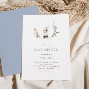 Cute Wildflower Bunny Dusty Blue Baby Shower Invitation