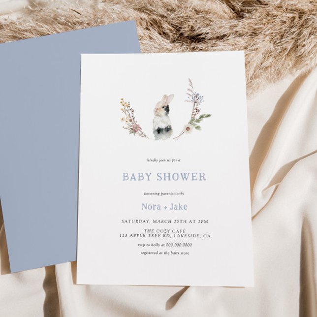 Cute Wildflower Bunny Dusty Blue Baby Shower Invitation (Creator Uploaded)