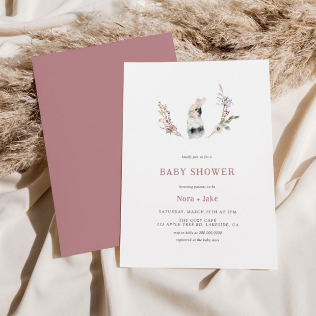Cute Wildflower Bunny Dusty Rose Baby Shower Invitation (Creator Uploaded)