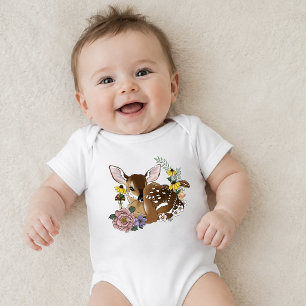 Cute Wildflowers Fawn Blue Baby Deer Woodland Bodysuit