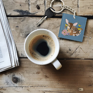 Cute Wildflowers Fawn Blue Baby Deer Woodland Key Ring