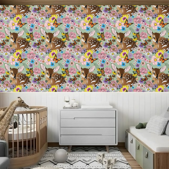 Cute Wildflowers Fawn Blue Baby Deer Woodland Wallpaper (Creator Uploaded)