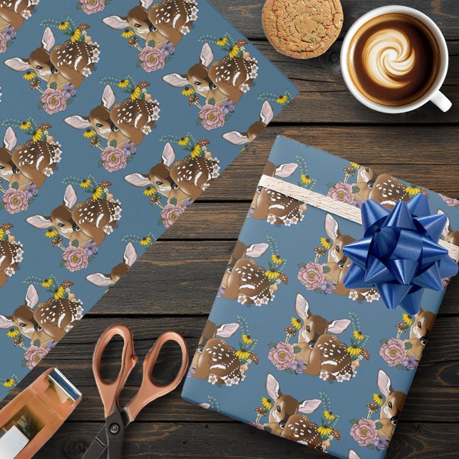 Cute Wildflowers Fawn Blue Baby Deer Woodland Wrapping Paper (Creator Uploaded)