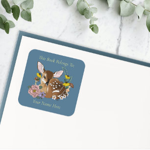Cute Wildflowers Fawn Blue Deer Woodland Bookplate Square Sticker