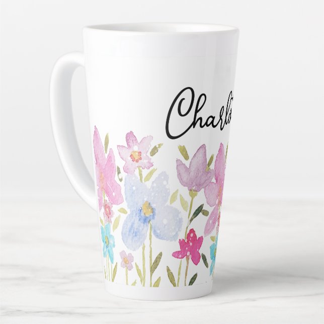Cute  Wildflowers Illustration Monogrammed Latte Mug (Left Angle)