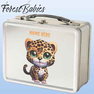Cute Wildlife Leopard kitty cat cartoon graphic Metal Lunch Box