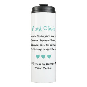 Cute Will You Be My Godmother Turquoise Hearts Thermal Tumbler