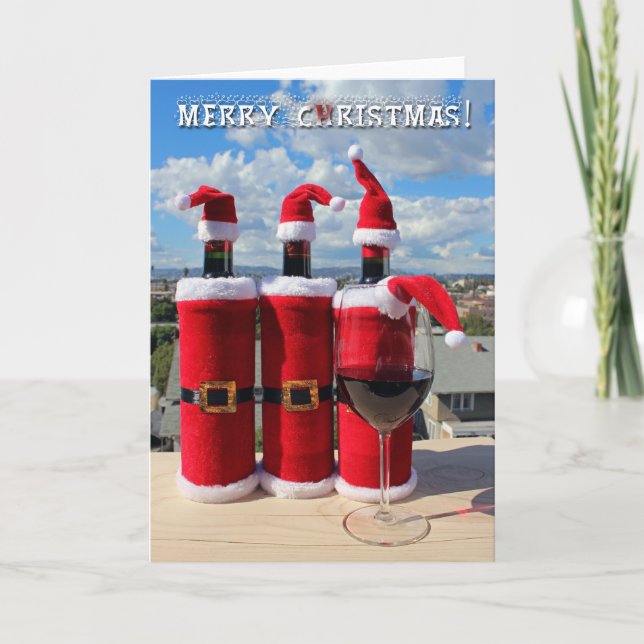 Cute Wine In Christmas Costumes Greeting Card! Holiday Card (Front)