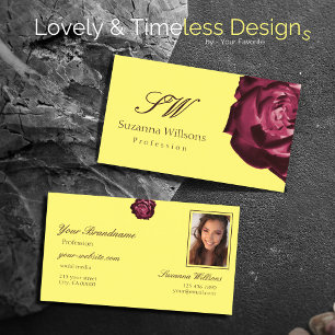 Cute Wine Red Rose Plain Yellow Initials Photo Business Card