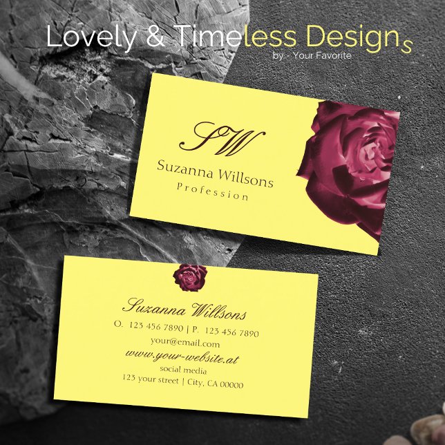 Cute Wine Red Rose Plain Yellow with Initials Business Card (Creator Uploaded)