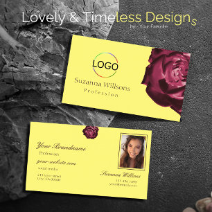 Cute Wine Red Rose Plain Yellow with Logo Photo Business Card
