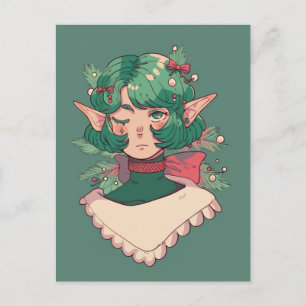 Cute Wink Christmas Holiday Season Elf Anime Girl Postcard
