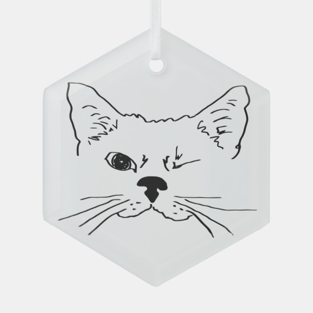 Cute Winking Cat Line Drawing Pet Animal Glass Tree Decoration (Front)
