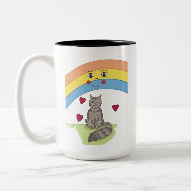 Cute Winking Cat under Smiling Rainbow Coffee Mug (Left)