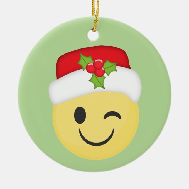 Cute Winking Christmas Emoji Holiday Ornament (Front)