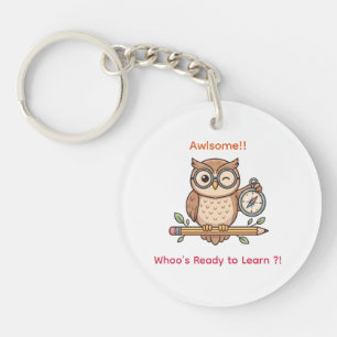 Cute Winking Owl Back to School Toon Illustration Key Ring