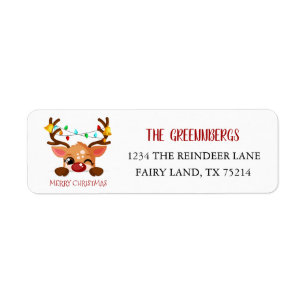 Cute Winking Reindeer Antlers Christmas Lights Return Address Label