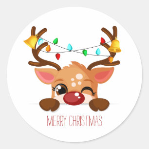 Cute Winking Reindeer Merry Christmas Lights Classic Round Sticker