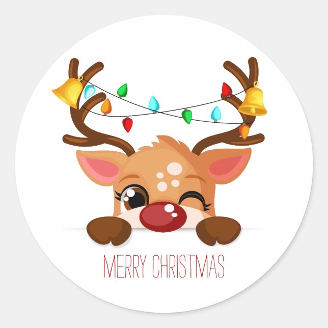Cute Winking Reindeer Merry Christmas Lights Classic Round Sticker (Front)
