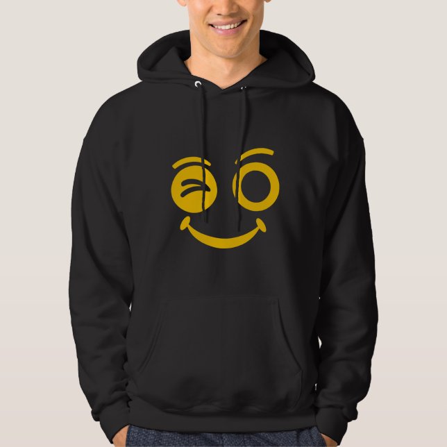 Cute Winking Smiley Face Black Pullover Hoodie (Front)