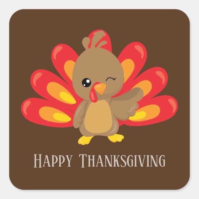 Cute winking Thanksgiving turkey add message Square Sticker (Front)