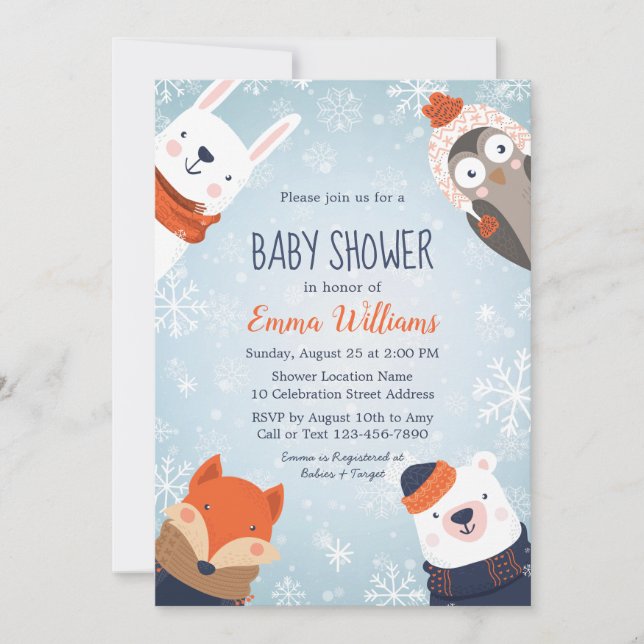 Cute Winter Animals Baby Shower Invitation - Blue (Front)