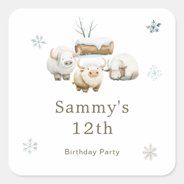 Cute Winter Arctic Cow Birthday Shower  Square Sticker (Front)