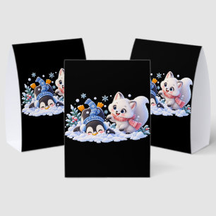 Cute Winter Arctic Fox and Penguin Playing in Snow