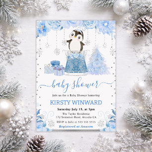 Cute Winter Arctic Penguin Baby Shower Invitation