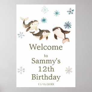 Cute Winter Arctic Whale Birthday Party Poster