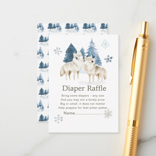 Cute Winter Arctic Wolf Baby Shower Diaper Raffle Enclosure Card (Front/Back In Situ)