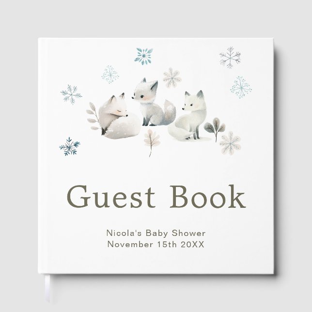 Cute Winter Arctic Wolf Baby Shower Guest Book (Front)