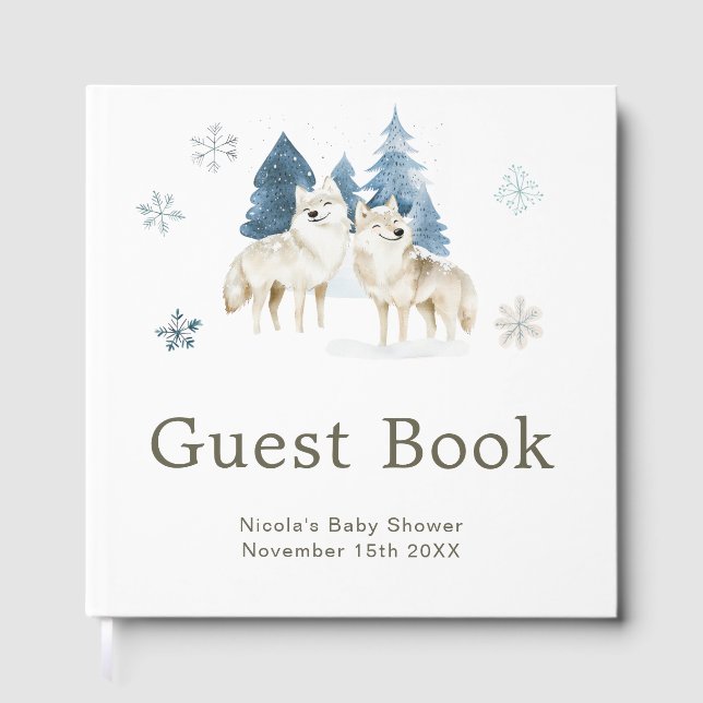 Cute Winter Arctic Wolf Baby Shower Guest Book (Front)
