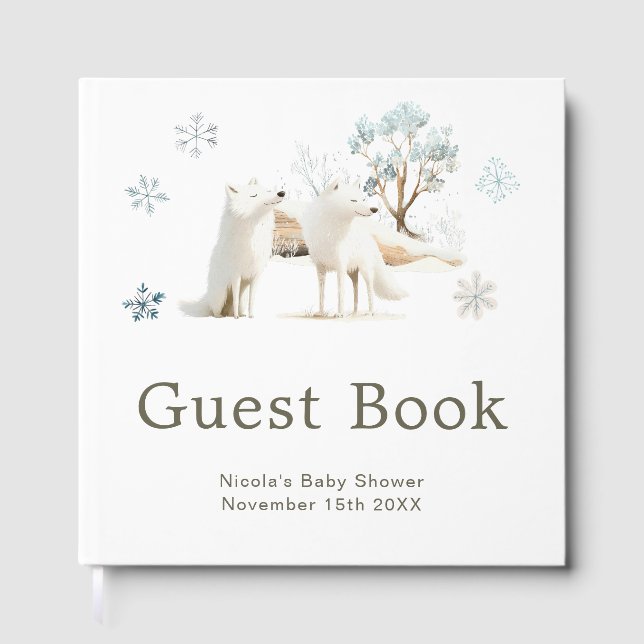 Cute Winter Arctic Wolf Baby Shower Guest Book (Front)
