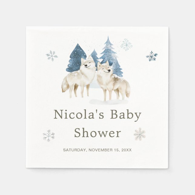 Cute Winter Arctic Wolf Baby Shower Napkin (Front)