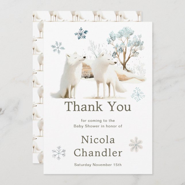 Cute Winter Arctic Wolf Baby Shower  Thank You Card (Front/Back)