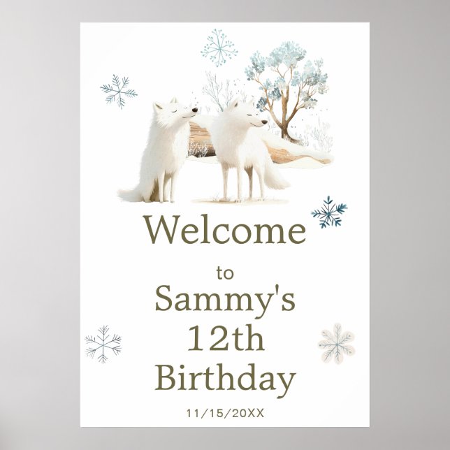 Cute Winter Arctic Wolf Birthday Party Poster (Front)